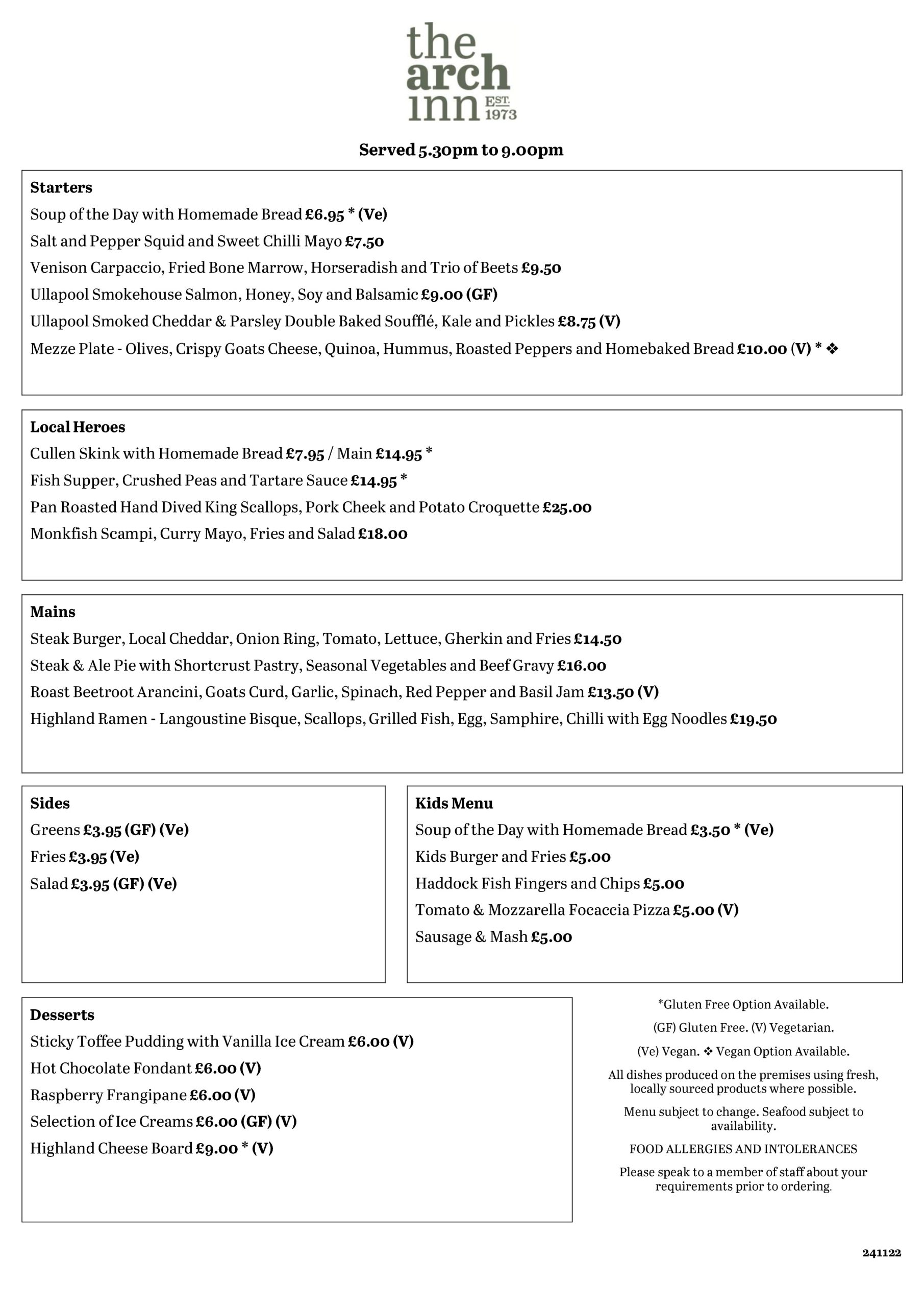 Winter Menu The Arch Inn